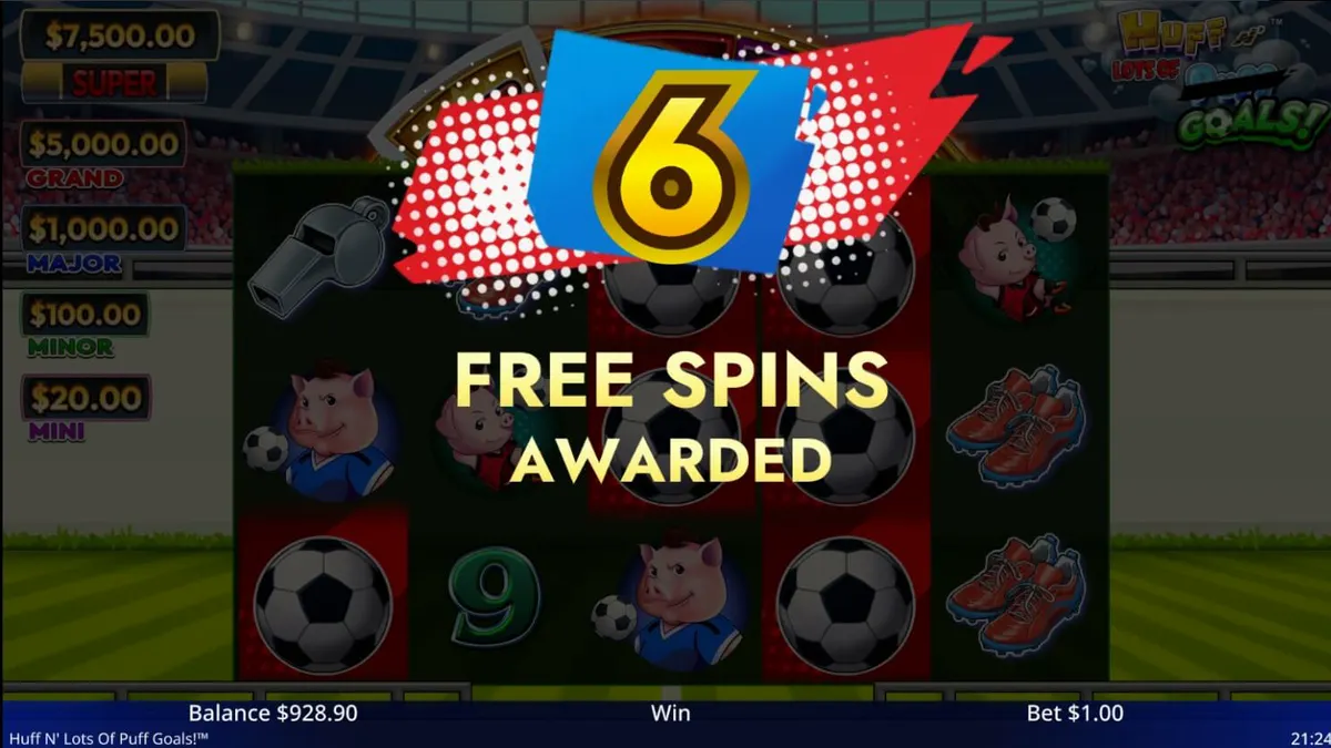 Tampilan visual slot Huff N' Lots of Goals dengan tema sepak bola dan babi kecil.