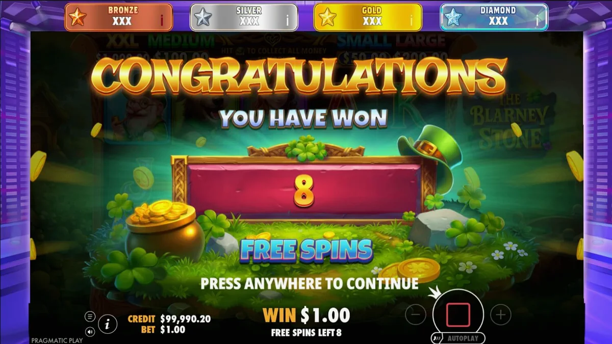 Tampilan visual slot The Blarney Stone dengan tema leprechaun dan pedesaan Irlandia
